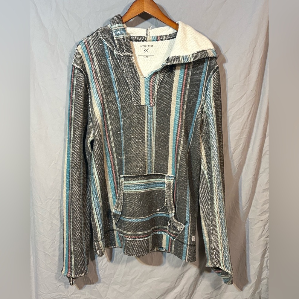 Depart West Men's Striped Hoodie Sweater - Gray and Blue